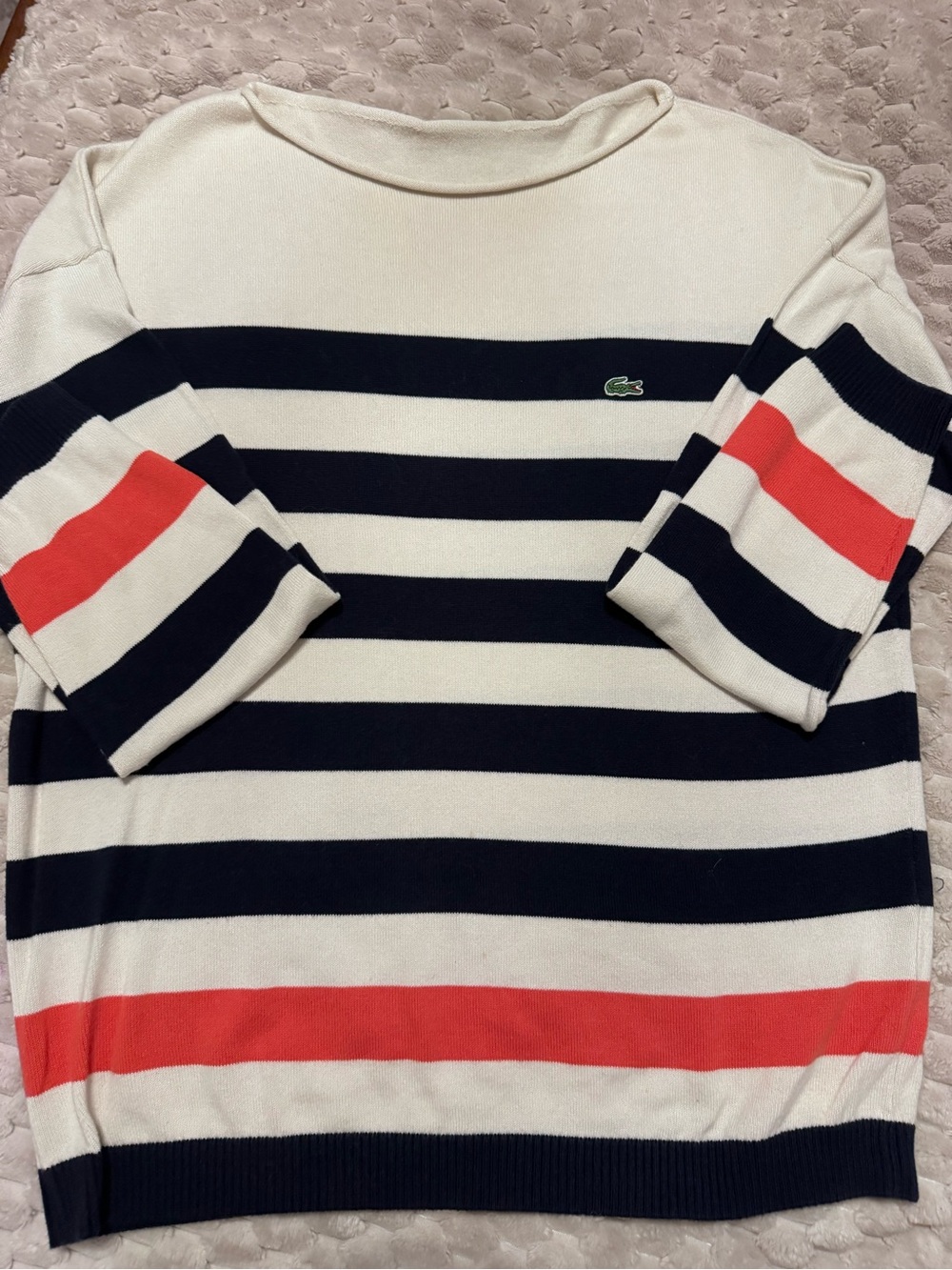 Lacoste Navy, White & Red/orange Striped Boatneck Sweater sz lg/xl - Picture 3 of 4